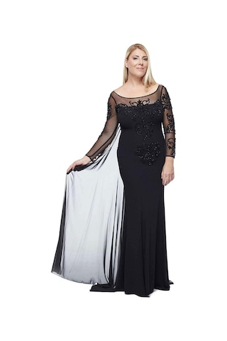 Moda Berray 8028 Uzun Kollu Arkası Şifon Kuyruklu Abiye Elbise Siyah Siyah
