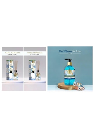 Mabel Marseille Ferah Esinti Çubuklu Oda Kokusu 2 Adet + 500 Ml Mavi Okyanus Sıvı El Sabunu Temizlik Ferahlığı