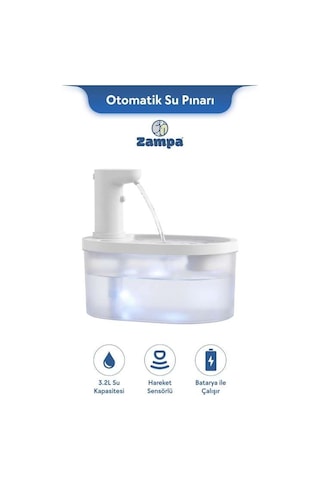 Zampa Pf-010 Oval Pet Otomatik Su Pınarı 3.2l - Bataryalı Ve Akıllı Sensörlü Sistem