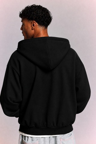 Tarz Cool Erkek 3 İplik Şardonlu Regular Fermuarlı Kapüşonlu Sweatshirt Kalın Kışlık Hoodie Siyah