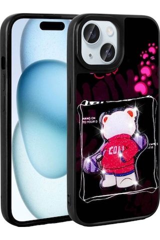 Apple Uyumlu iPhone 15 Kılıf Parlayan Kabartmalı İkonik Figürlü Zore Amas Silikon Kapak Siyah