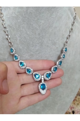 925 Gümüş Mavi Topaz Tasarım Kolye 313 Gümüş
