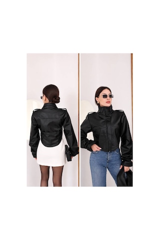 Moda Banuş Cup Detay Crop Siyah Deri Ceket
