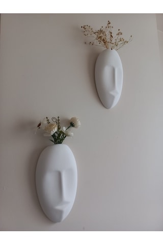 Dekoratif 2'li Yüz Duvar Vazosu, Duvar Süsü ,heykel Aksesuar Beyaz