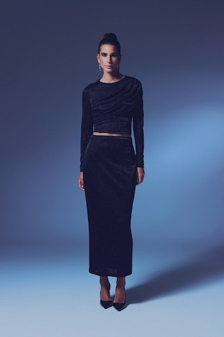 Sateen Simli Midi Etek - Siyah-135382 Siyah