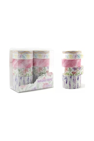 Vintage Washi Tape Bant Baskılı Yapışkanlı Maskeleme Kağıdı 45d Desenli Bant 10'lu - Pembe Çiçek Gül 1