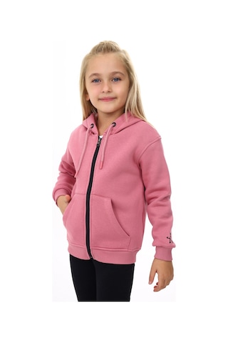 Toontoy Kız Çocuk Bej Kapüşonlu Fermuarlı Cepli Nakış Baskılı Örme Hırka - 2 İplik Şardonlu Gül Kurusu