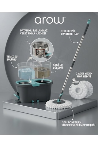 Arow Master Clean Çift Hazneli Spin Mop Seti 2 Adet Mikrofiber Paspas Hediyeli