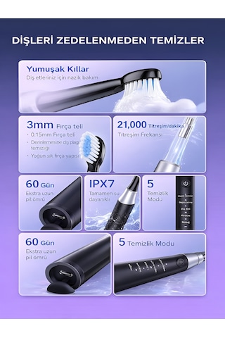 Deanb 500mah Titreşimli Elektrikli Diş Fırçası 5 Modlu 4 Yedek Başlık Beyaz