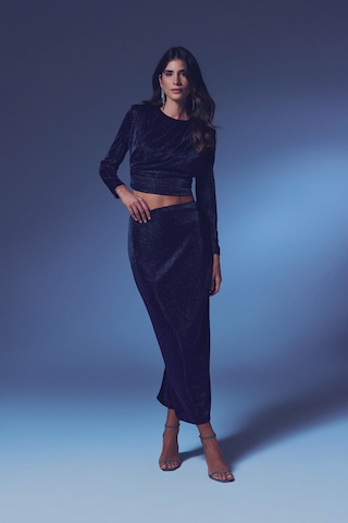 Sateen Simli Midi Etek - Lacivert-135384 Lacivert