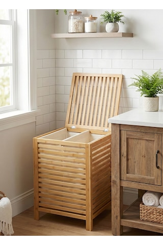 Bambu Kirli Banyo Çamaşır Sepeti İki Bölmeli Dekoratif Kare Doğal Bambu 45 45 63cm Kahverengi