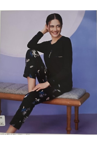 Miss Klein Kadın Büyük Beden Düğme Yaka Pamuklu Likralı Uzun Kol Pijama Takımı 1139 - 1 Adet Siyah