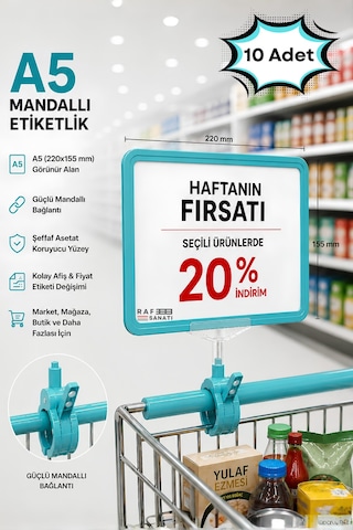10 Adet - A5 Mandallı Etiketlik Fiyatlık Sepet Raf Askılık Fiyat Etiketi Çerçeveli Market Mağaza Turkuaz
