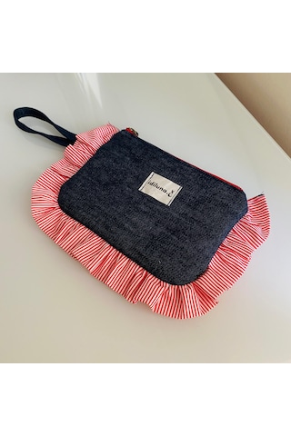 İdiluna Kırmızı Fırfırlı, Kulplu Lacivert Denim Makyaj Çantası / Clutch Lacivert - Kırmızı