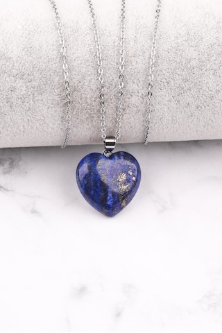 Doğal Lapis Lazuli Kalp Kolye Zincir Dahil Çok REnkli