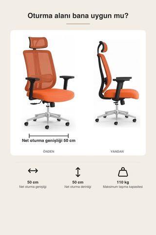 Upstyle Poyraz Başlıklı Fileli Ergonomik Çalışma Koltuğu Turuncu Krom Koltuk 66 125 65 Cm
