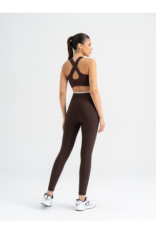 Çapraz Beli Beyaz Biye Detaylı Spor Tayt Kahverengi