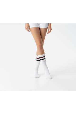Plus Scorpion Unisex Beyaz Tenis Çorabı Çizgili, Pamuklu Uzun Spor Çorabı