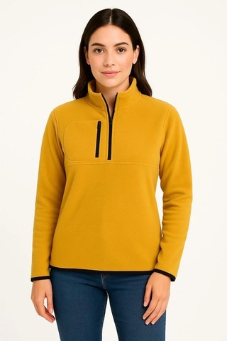 Kadın Polar Kazak Dik Yaka, Yarım Fermuarlı, Fermuarlı Göğüs Cepli, Siyah Biyeli, Kışlık Rahat Reg Sarı