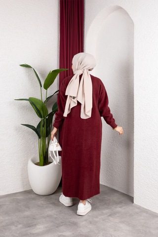 Hira Life Fashion Kadın Şal Yaka Uzun Triko Ve Sakallı Tüylü Hırka Bordo Bordo