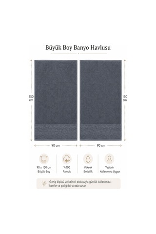2'li Büyük Boy Banyo Havlusu 90x150 Cm %100 Pamuk Siena Collection 650 Gr İndigo