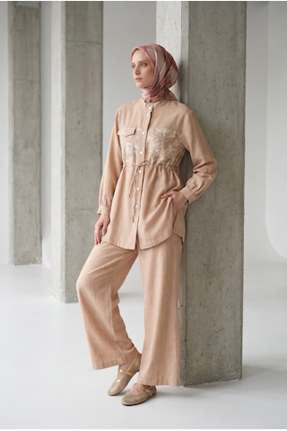 Armine Trend Çiçek Desenli Beli Büzgülü Tunik Ve Geniş Paça Pantolonlu Takım Bej 26yt6156