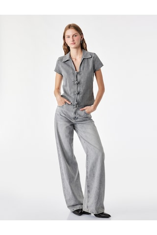 Koton Rahat Kalıp Kısa Kollu Napolyon Kapama Detaylı Denim Bluz Gri 7wal30009md