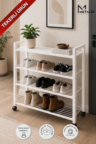 Loft 4 Katlı Siyah Tekerlekli Metal Ayakkabılık, Ahşap Mdf Tablalı, Çok Amaçlı Ayakkabı Düzenleyici, 77x30x70 Cm Beyaz