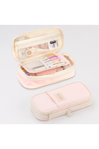 Angoo Macaron Çift Katmanlı Geri Çekilebilir Büyük Kapasiteli Kalem Kutusu Kırtasiye Kutusu Pembe