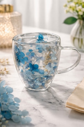 Makri Home Mavi Çiçekli Çift Cidarlı Cam Kupa, 350 Ml, 11 Cm X 8 Cm Çok Renkli