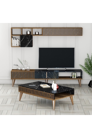 Variant Milan 3'Lü Salon Takımı - Ceviz - Siyah Mermer