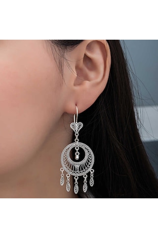 925 Ayar Gümüş Çember Telkari Sallantılı Kadın Küpe 14 MM Gümüş