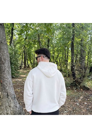 Erkek 3 İplik Basic Oversize Geniş Kesim Kanguru Cepli Kapüşonlu Sweatshirt Beyaz