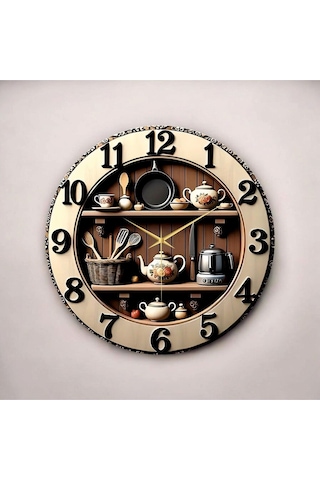 Mutfak Rafı Kabartma Görünümlü Renkli Baskı Desenli Sayılı Hediyelik Ahşap Sessiz Duvar Saati 50cm ÇOk Renkli