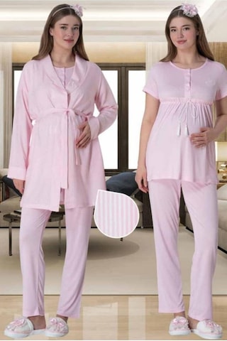 Mecit Pijama Mecit 6001 Bayan Pembe Çizgi Sabahlık Hamile Lohusa Pijama Takımı 001