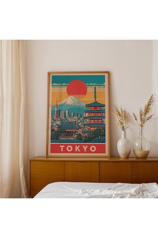 Retro Tokyo Seyahat Posteri: Fuji Dağı Ufuk Çizgisi Sanatı &