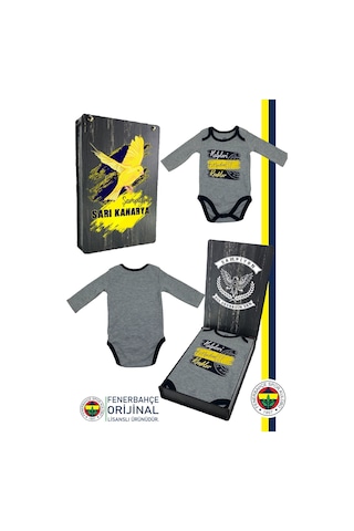 Fenerbahçe Lisanslı Kalpleri Fetheden Renkler Bebek Body Zıbın Kanarya Baskılı Hediyelik Ahşap Kutulu Gri
