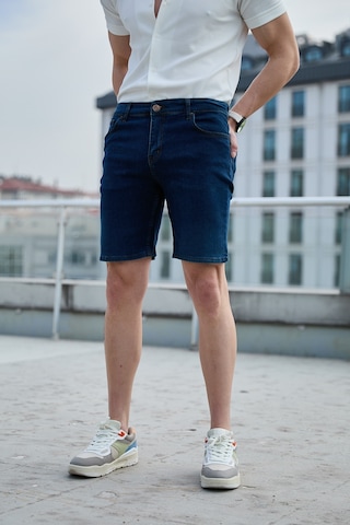 İndigo Renk Yıkamalı Erkek Kot Şort-1475 İndigo