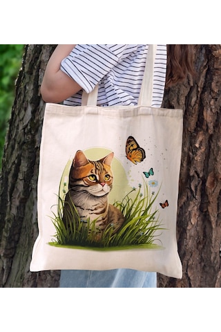 Bk Gift Kedi Tasarımlı Kanvas Bez Çanta, Baskılı Omuz Çantası, Alışveriş Çantası, Plaj Çantası, Arkadaşa Hediye-8 Sarı