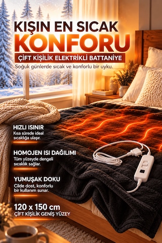 Çift Kişilik Elektrikli Battaniye 120x150 Cm Hızlı Isınan Isıtıcılı Yatak Altı Battaniyesi Gri