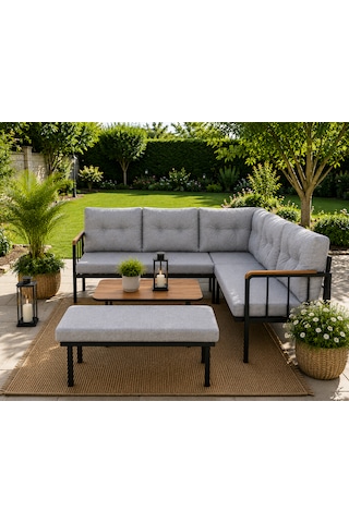 Riva Metal Bahçe Balkon Köşe Takımı Siyah Boyalı İskelet Keten Kumaş Süngerli 180x120 Cm Açık Gri