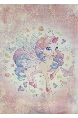 Çocuk Odası Halısı Unicorn Desenli Pembe Mor Dijital Baskı Kaymaz Makinede Yıkanabilir Kız Oyun Halı Pembe