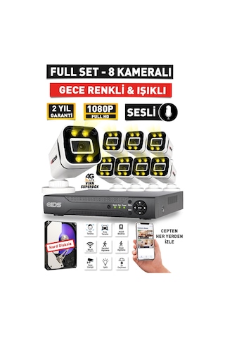Sesli - 8 Kameralı Fullhd Gece Renkli Ve Işıklı Güvenlik Kamerası - Kamera Seti Hard Disksiz