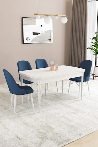 Sar Pakete Almira Serisi, Beyaz 80x132 Açılabilir Mdf Mutfak Masası Takımı 4 Adet Sandalye Lacivert