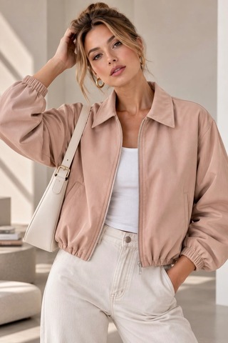 Bb Butik Basic Mevsimlik Fermuarlı Bomber Ceket Oversize Rahat Kalıp Fs3434 Pudra