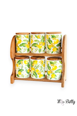 Citrus Ahşap Standlı 6'lı Porselen Baharatlık Sarı