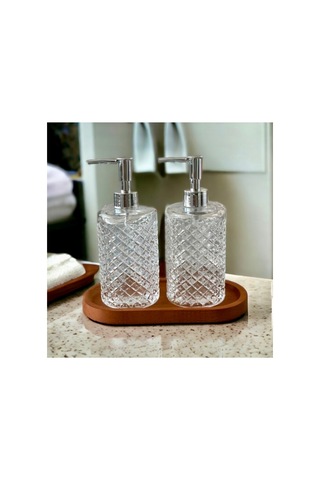 Ahşap Standlı 2 Li Cam 500 Ml Gri Başlıklı Sıvı Sabun Bulaşık Deterjan Şişesi Sabunluk Set Şeffaf 632345337 Şeffaf