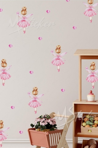 MSticker Minik Peri Kızı Balerin Yıldızlar Ve Puantiyeler Çocuk Bebek Odası Duvar Cam Sticker Seti