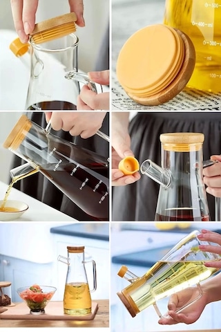 Bambu Kapaklı Cam Yağdanlık Vakumlu Ahşap Stantlı Sirkelik Zeytinyağı Şişesi Yağlık 1000ml