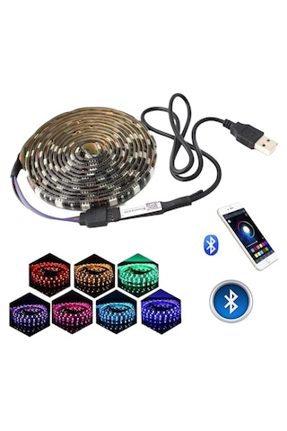 Tv Arkası Bluetooth Rgb Led Şerit Müzik Senkronlu Uygulama Kontrollü Usb Led Aydınlatma 5 Metre Çok Renkli